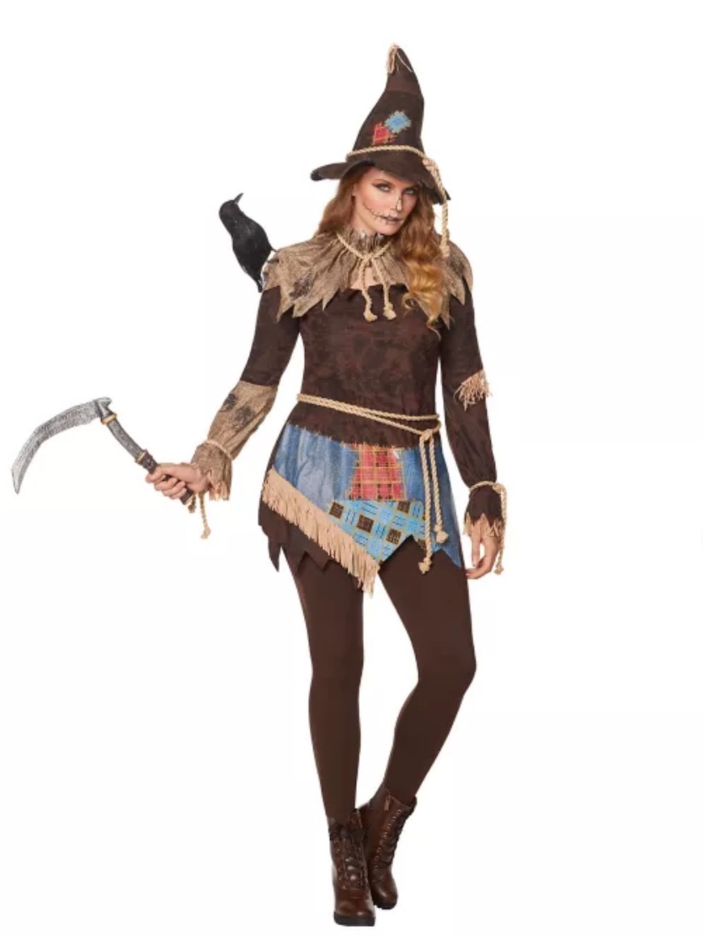 Spirit Halloween Brown and Blue Patchwork Scarecrow Costume